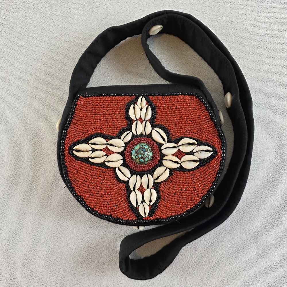 Handcrafted Red Beaded Cowrie Shell Crossbody Bag Native Arts Black Red